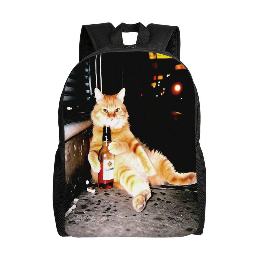 Cat Meme Retro Cat Beer Men'S Backpack, Durable Fabric School Bag For College, Casual Outings, Hand Wash/Dry Clean, College Student Accessory, Playful Design, Quality Construction - đen - Xem 1