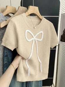 2026Franclia Nuevo suéter de punto casual con lazo dulce y lindo en color rosa para mujer, blusa de lazo rosa bebé de manga corta para primavera/verano, blusas de punto con lazo lindas para mujer - Albaricoque - Ver 3