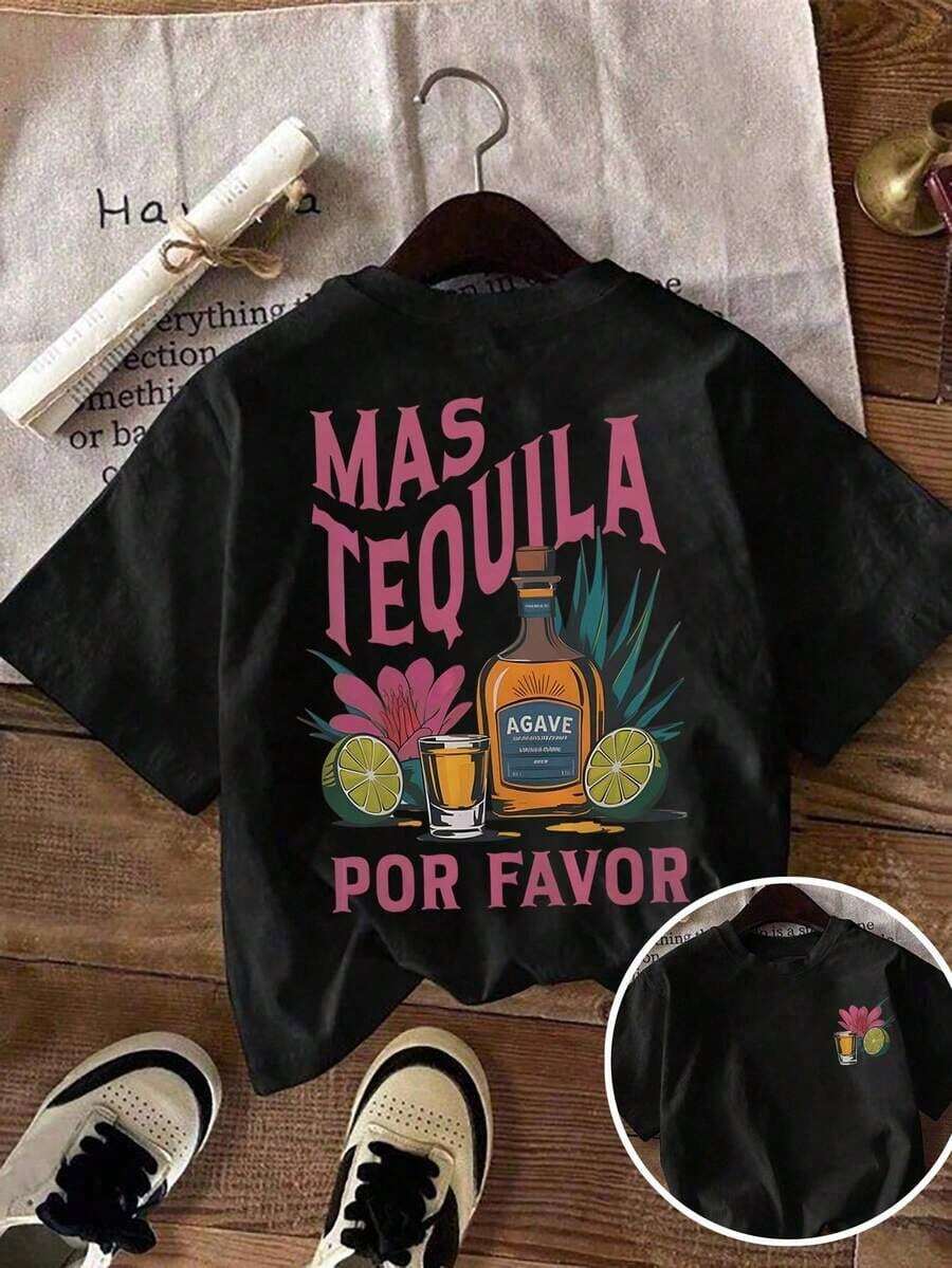 Women's Casual T-Shirt With Tequila Sunrise Cocktail Print And Flowers, Round Neck, Lightweight Women's Sweatshirt For Spring/Summer 875R - 黑色 - 查看 1