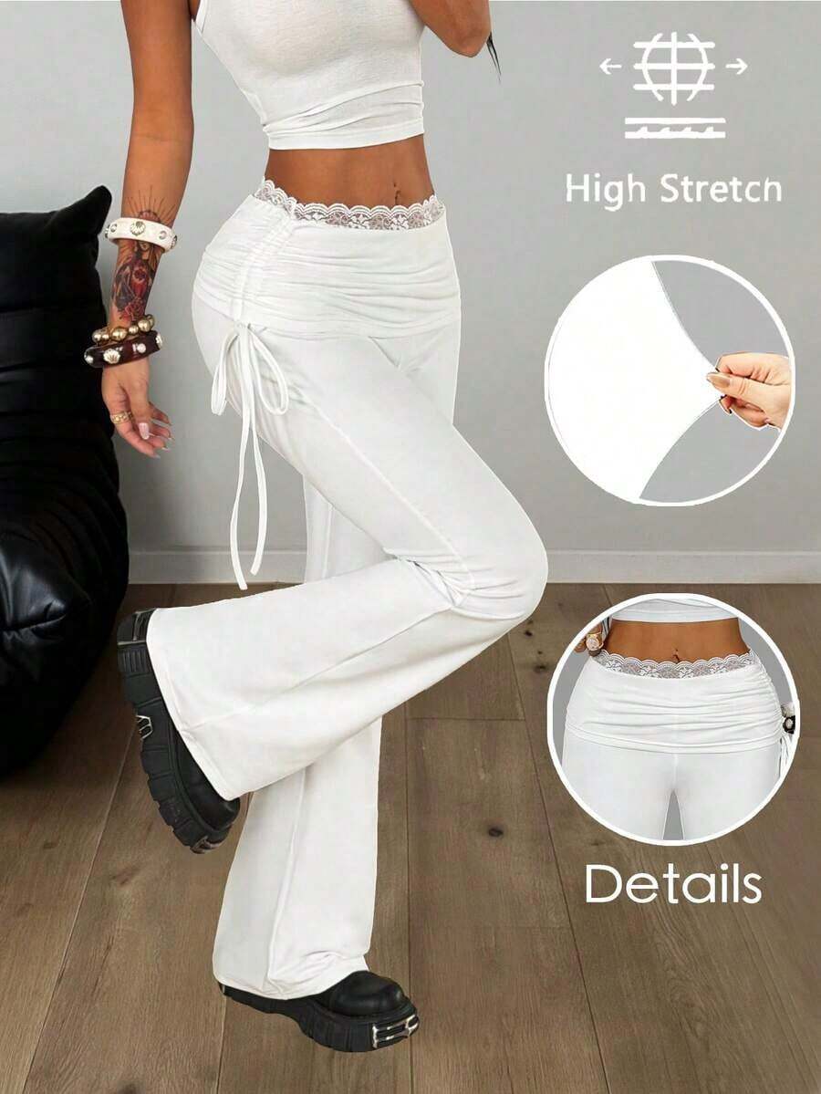 Pantalones acampanados de mujer con cordón lateral negro vintage Y2K, ropa de calle versátil - Blanco 2 - Ver 1