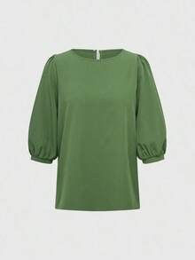 Blusa casual suelta de manga farol de cuello redondo de unicolor de verano para mujeres, top de manga tres cuartos - Verde - Ver 4