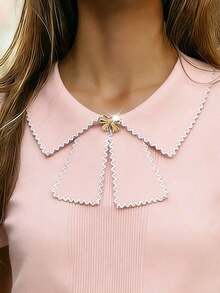 Blusa de punto de manga corta con cuello, lazo delantero y ajuste ceñido, en color block negro y blanco, para primavera/verano - Rosa - Ver 3