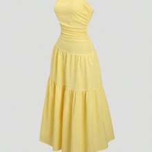 guangzhougaolangshangmao  Vestido casual de línea A amarillo sólido con pliegues, sin tirantes, de moda sencilla para fiestas, playa y citas, primavera y verano - Amarillo - Ver 1