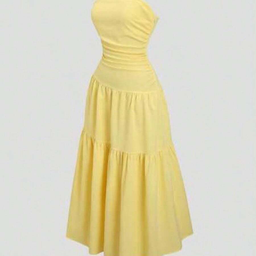 guangzhougaolangshangmao Vestido casual de línea A amarillo sólido con pliegues, sin tirantes, de moda sencilla para fiestas, playa y citas, primavera y verano - Amarillo - Ver 1