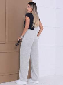 Women's Cold Weather Ribbed Knit Pants, Wide Leg, High Waist, Comfortable, Casual Fashion - 淺灰色 - 查看 2