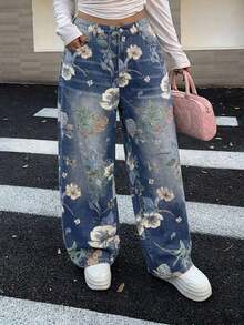 Plus Jeans de pierna recta con estampado floral para mujer de talla grande, de verano - Azul lavado medio - Ver 2