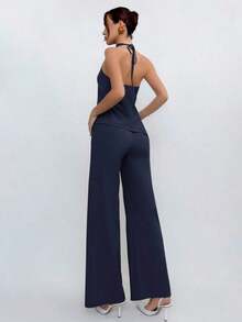xheAloruh Conjunto de top halter con espalda descubierta y pantalones largos de unicolor, para el veranoxhe - Azul marino - Ver 2