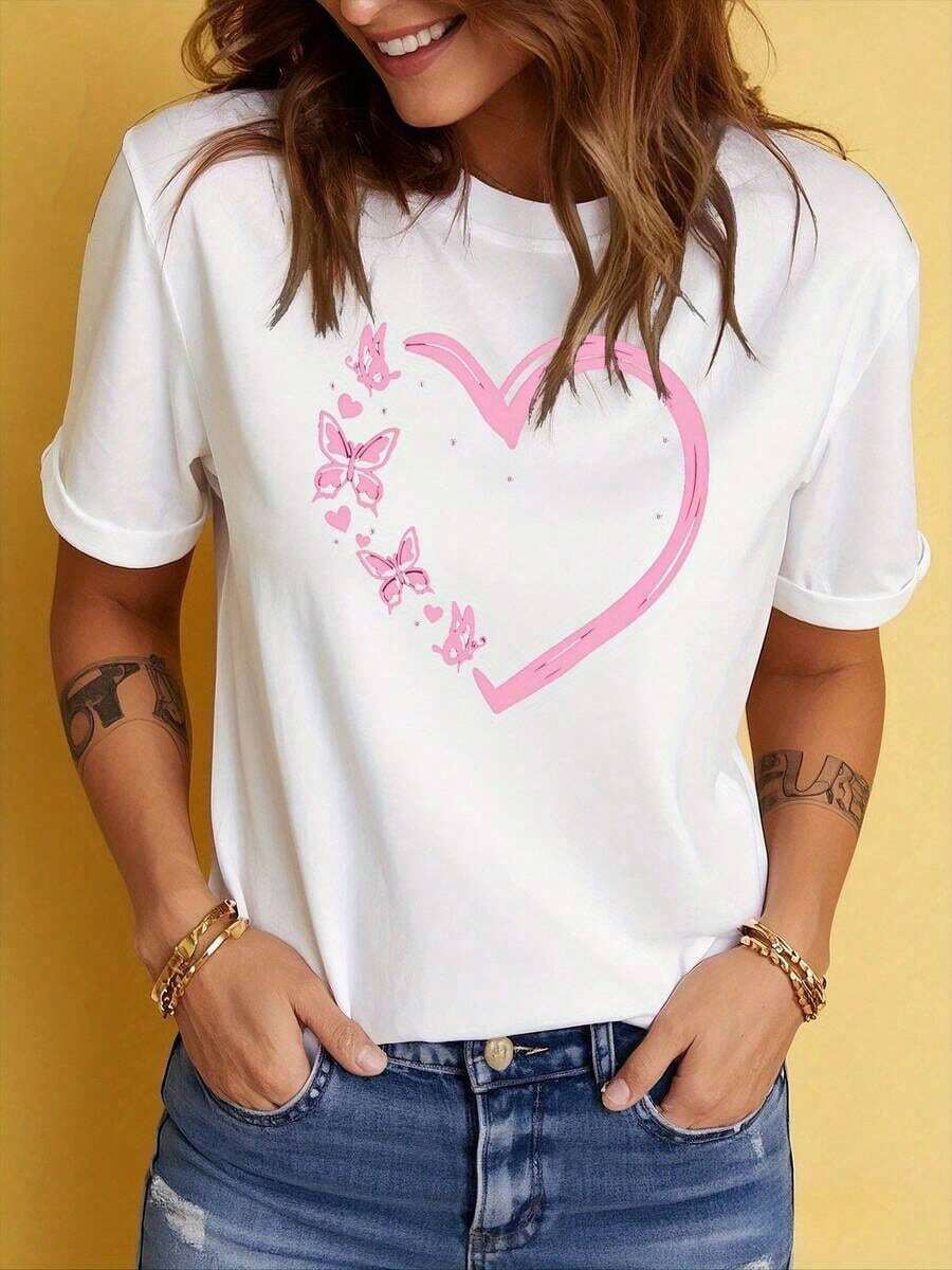 Camiseta Gráfica de Manga Corta para Mujer, Suave, Casual para el Día a Día, Estilo Vintage, para San Valentín (2) - Blanco - Ver 1