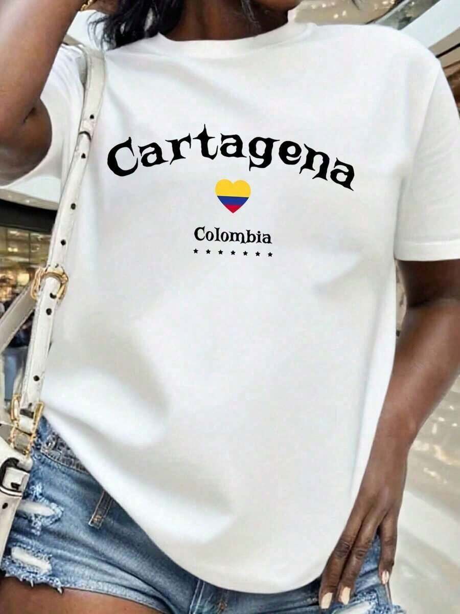 Camiseta Gráfica de Manga Corta, Camiseta de Mujer con Bandera de Corazón de Cartagena, Colombia, Top Casual de Verano, Regalo de Recuerdo de Viaje para Ella, 220g, Vintage - Blanco - Ver 1