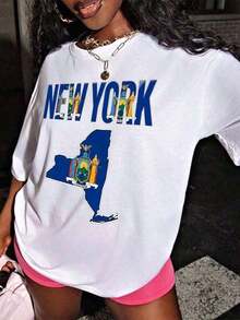 Mujeres Estadounidense Estilo Desvanecimiento Resistente Corto Manga T Camisa Nuevo York Carta & Nuevo York Estado Mapa Gráfico Imprimir Informal Superior, Cómodo Versátil Tee Adecuado Para Diario Ropa Y Deportes, Ideal Regalo Elección Para Damas-Vintage Calle Estilo Unisexo Suelto Algodón Corto Manga Tripulación Cuello Camiseta para mujer, ropa fresca de verano - Blanco - Ver 4