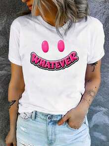 1 Pieza De Mujeres Rosa Cara Patrón Camiseta Blanco, Redondo Cuello, Informal Estilo, Adecuado Para Diario Desgaste, Cumpleaños, Pascua Regalos, O Como A Conmemorativo Camisa Para Amigos O Amado Uno - Vintage Calle Estilo Unisexo Suelto Algodón Corto Manga Tripulación Cuello Camiseta para mujer, ropa fresca de verano - Blanco - Ver 5