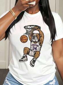 100% algodón, camiseta de baloncesto personalizada con diseño de bulldog para mujer, regalo para fanáticos del deporte, para cumpleaños, Navidad y vacaciones. - Blanco - Ver 6