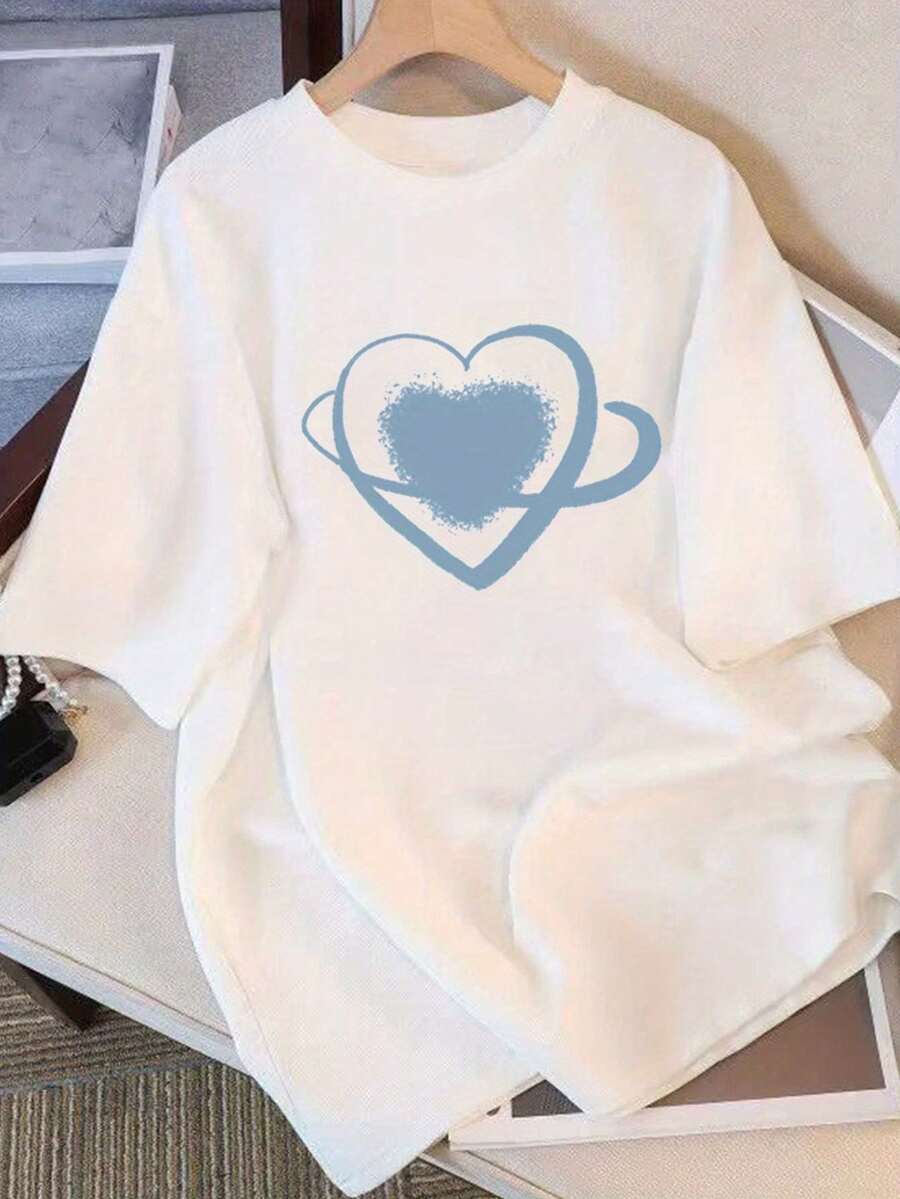 1 pieza de camiseta de verano para mujer, de algodón puro, holgada, de cuello redondo, versátil, cómoda, casual, juvenil, moderna, vibrante, de manga corta para uso diario, 180g 100% algodón. - Blanco - Ver 1