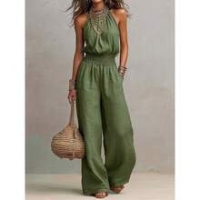 Whisper Row  Women's New Sleeveless Linen Cross-Border European And American Women's Halter Jumpsuit - 軍綠色 - 查看 1