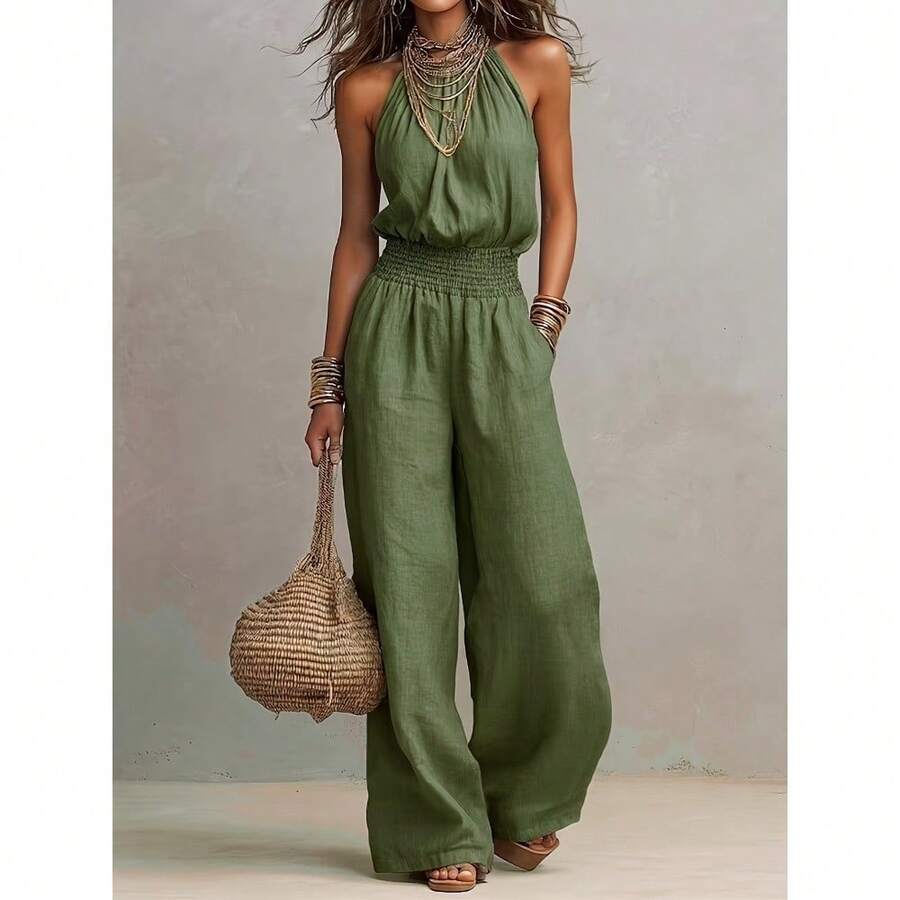 Whisper Row  Women's New Sleeveless Linen Cross-Border European And American Women's Halter Jumpsuit - 軍綠色 - 查看 1