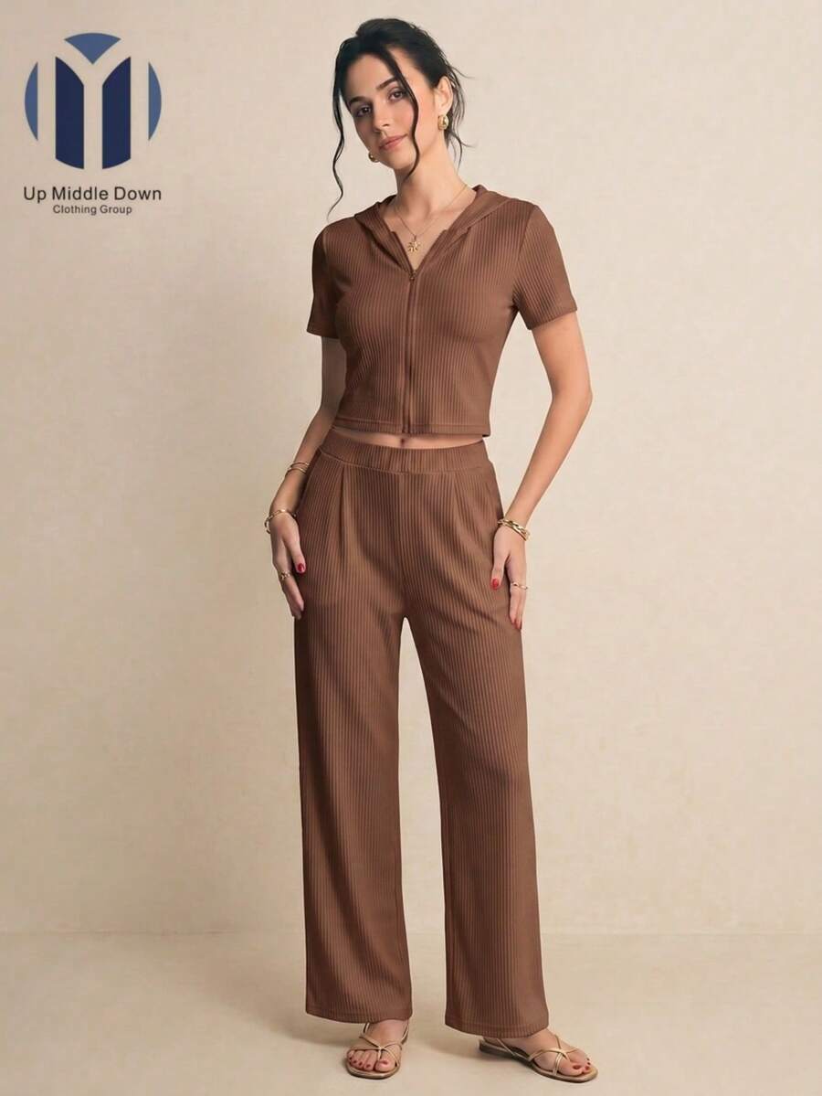 Conjunto Casual de Dos Piezas para Mujer: Top con Cierre y Pantalón de Pierna Ancha - Ideal para Primavera/Verano - Café integral - Ver 1