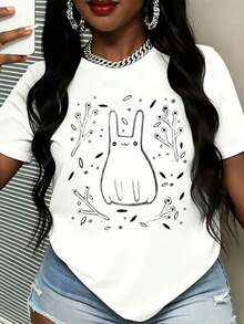 Camiseta con diseño gráfico de conejo en el bosque para mujer, top casual de verano con estampado natural, estilo streetwear, blusas para mujer - Blanco - Ver 1