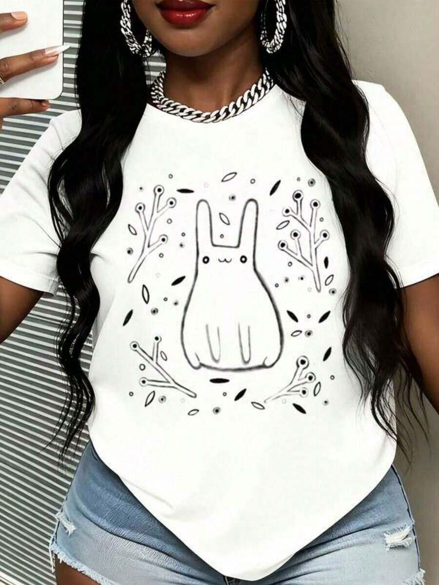 Camiseta con diseño gráfico de conejo en el bosque para mujer, top casual de verano con estampado natural, estilo streetwear, blusas para mujer - Blanco - Ver 1