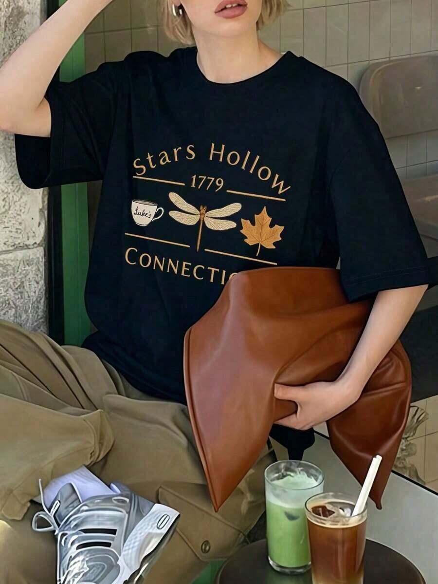 Women's Casual Summer T-Shirt, 1 Piece, Round Neck, Short Sleeve, Dragonfly Print, Maple Leaf, Coffee Cup, English Letters, Minimalist Style, Loose Fit, Versatile, Urban Fashion - 黑色 - 查看 1