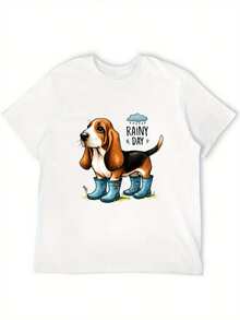 Ropa de talla para mujer, camiseta de cuello redondo Confident Curves - Estampado vibrante de Basset Hound y Día Lluvioso, top casual de manga corta y cuello redondo para tallas grandes, estampado de perro, cómoda para todas las estaciones, adecuada para uso diario y amantes de las mascotas, diseño de patrón geométrico, lavable aáquina y seca en, corte holgado adecuado para todo tipo de cuerpo - Camiseta unisex de algodón de manga corta y cuello redondo, estilo vintage urbano. - Blanco - Ver 3