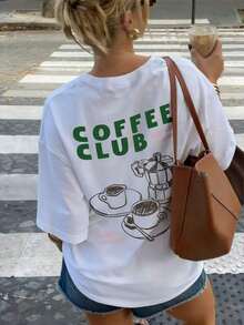 Nueva Camiseta Casual de Verano con Estampado de Letras y Café, Cuello Redondo y Manga Corta, Blusa Versátil y Moderna para Mujer - Estilo Vintage Urbano, Unisex, de Algodón Suelto y Manga Corta. blusas.blusas casuales para dama. - Blanco - Ver 1