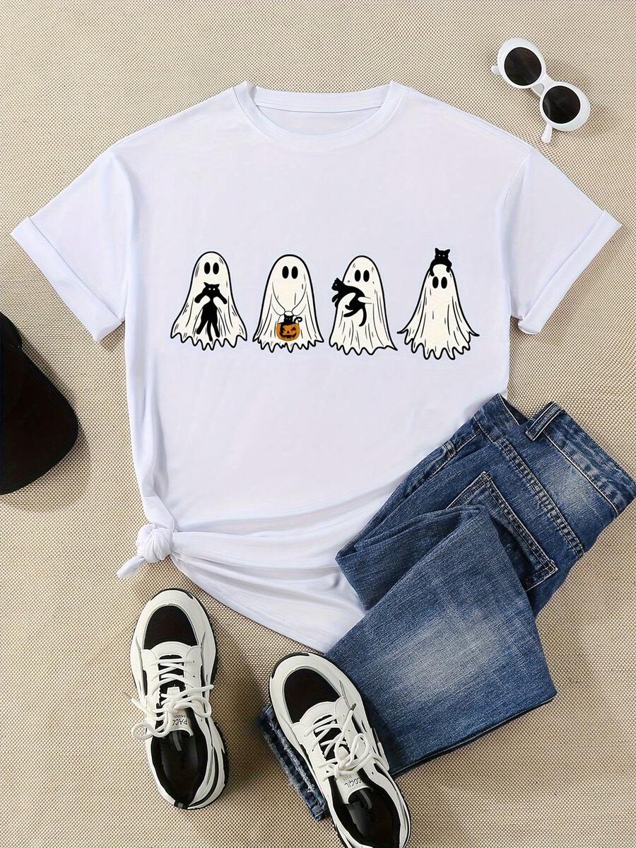 Camiseta Casual de Cuello Redondo de Alta Elasticidad, Ideal para Primavera, Verano y Otoño - Blusa/Top Minimalista, Ropa Casual Lavable a Máquina y Pieza de Superposición, Básico Cómodo para el Día a Día - Blanco - Ver 1