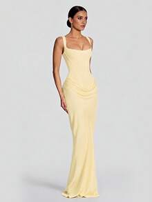 Cornelia Women's Sexy Spaghetti Strap Fitted Long Dress, Summer Satin Pleated Dress, Black Tie Back Elegant Birthday Party Cocktail Dress - Light Yellow - View 5
