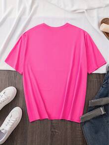 Camiseta de manga corta con cuello redondo y estampado floral en forma de corazón, estilo europeo y americano, suéter deportivo para mujer. SHMC - Rosa Fucsia - Ver 2