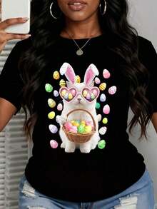 Camiseta con diseño de conejo de Pascua con gafas de sol en forma de corazón sosteniendo una canasta de huevos coloridos - Estilo vintage urbano unisex, de algodón 100%, manga corta, cuello redondo. - Negro - Ver 3