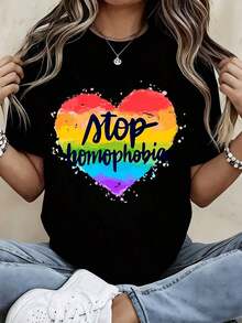 Rainbow Heart Print T-Shirt Against Homophobia, Casual Sportswear For Daily Activities And Outdoor Events - Vintage Urban Style, Unisex, Cotton, Short Sleeve, Round Neck, 100% Cotton - 黑色 - 查看 7