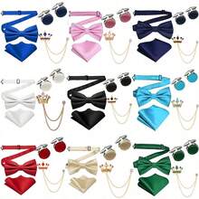 New Silk Bow Tie Set For Men, Available In 9 Colors, Includes Crown Flower Lapel Pin, Handkerchief And Cufflinks - A - View 12