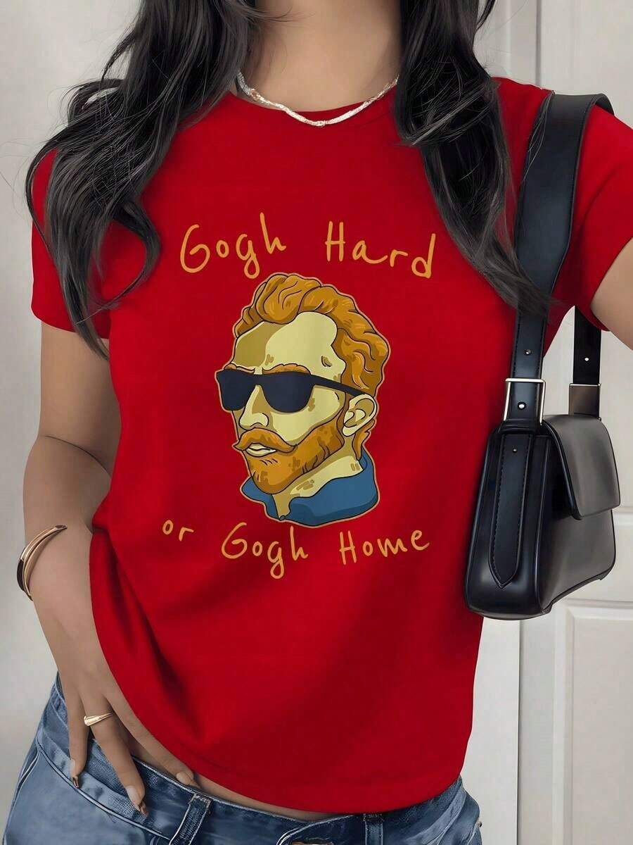 Van Gogh Inspired Graphic Print T-Shirt, 180g, 1 Piece, Funny Artistic Phrase, Women's Casual T-Shirt, 100% Cotton, Vintage Streetwear Style - 紅色 - 查看 1
