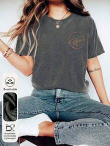 Women's Summer T-Shirts With A 'Mom Club' Graphic Print, Crew Neck, Short Sleeves, Simple Casual Style For Everyday Wear, In Black, Plus Sizes. Graphic Print T-Shirts For Mom's Birthday, Fun Prints For Mom, Women's Summer Clothes, Summer T-Shirts With Face And Letter Prints. - 深灰色 - 查看 3