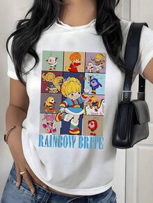 Camiseta con Estampado Gráfico de Personajes de Dibujos Animados Retro, 180g, 1 Pieza, Patchwork Colorido, Camiseta Casual de Mujer 100% Algodón, Estilo Vintage - Blanco - Ver 1