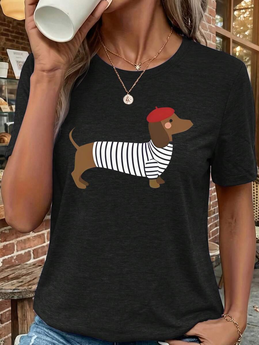 Una camiseta de manga corta para mujer, moderna, a la moda, retro y de corte holgado, adecuada para actividades al aire libre en primavera y verano.Camiseta de manga corta de verano para mujer, estilo europeo y americano, con estampado de Dachshund, estilo urbano a la moda, top deportivo casual versátil, camiseta de manga corta con cuello redondo.blusas para mujer,blusas casuales para dama,tops,, mujer premium,y2k,playeras de mujer curvy,ofertas y liquidaciones ropa mujer,playeras deportivas para mujer,,playeras de hombre, mujer,blusas>elegante ODNQ - Negro - Ver 1