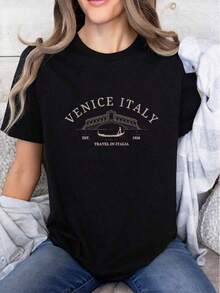 Camiseta mujer casual diseño de Venecia Italia moda exclusiva para viajes disponible en negro, tallas S-XL ropa femenina cómoda camiseta estilo único estampado turístico camiseta . - Negro - Ver 8