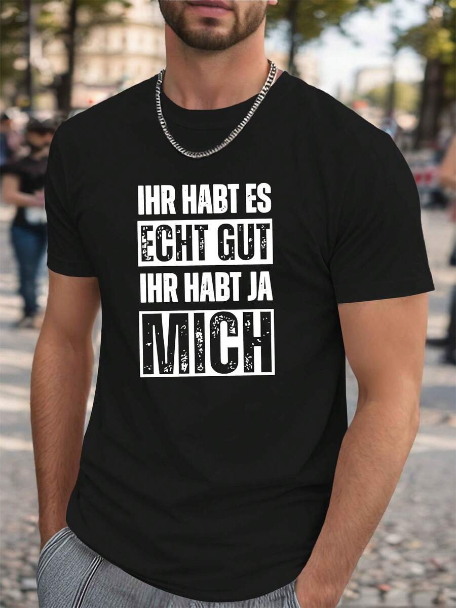 Camiseta Divertida Alemana con Arrugas para Hombres Talla Grande, TALLA PLUS - Negro - Ver 1
