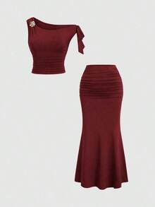 Conjunto de 2 piezas de top sin mangas con decoración de flor metálica de color café y falda de cola de pez para mujer, para otoño/invierno - Azul marino - Ver 9