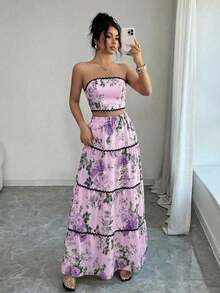 Set de 2 piezas con top corto bandeau y falda elegantes para mujer - Morado - Ver 4