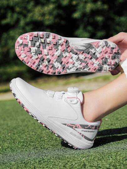 Zapatos de golf para damas con hebilla giratoria, suela antideslizante para todo clima, zapatillas de golf casuales blancas y rosas