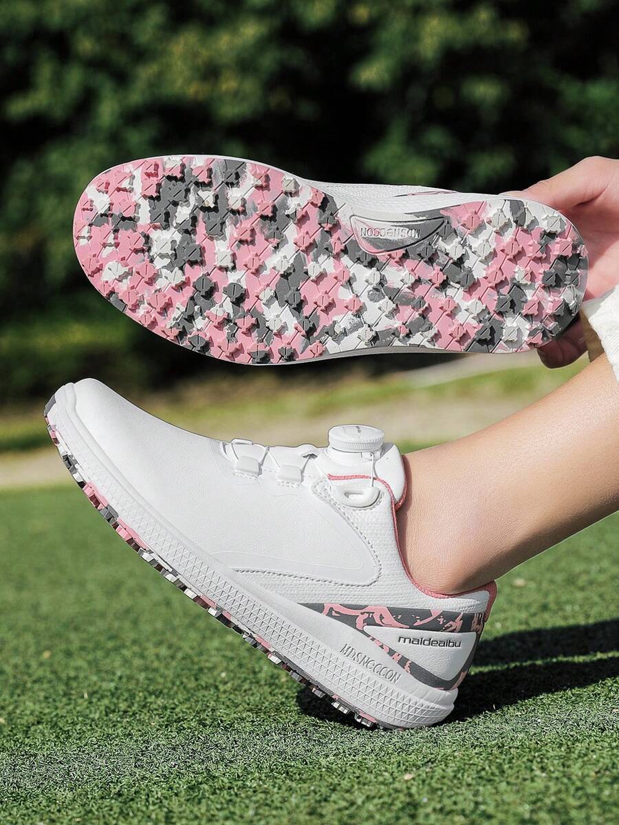 Ladies Golf Shoes With Rotary Buckle, All-Weather Non-Slip Sole, White & Pink Casual Golf Sneakers - Pink - View 1