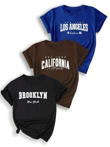 Camiseta de Mujer, Paquete de 3 piezas/set de camisetas de manga suitable for streetwear, Top oversized cuello redondo daily outings, camping, concerts, hip-hop, rock, and rap events, con Nombre de Ciudad (Nueva York, California, Los Ángeles), Camiseta Casual de Cuello Redondo y Manga Corta, Varios Colores Disponibles, Ropa de Mujer - Negro - Ver 10