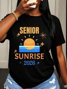 Camiseta para Mujer Senior Sunrise 2026 con Diseño de Sol y Océano para Celebración de Graduación en Primavera Verano - Negro - Ver 6