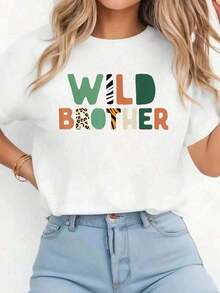ComfortableCamiseta con estampado de la familia de la jungla Wild Brother Zoo Born Wild Birthday, camiseta informal de manga corta con cuello redondo, cómoda, para primavera y verano, ropa d - Blanco - Ver 1