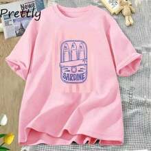 Camisetas Casuales Unisex para Salidas de Verano, Camiseta con Estampado de Sardinas en Conserva, Camiseta Gráfica Retro de Mariscos para Mujer, Camiseta Casual de Algodón de Manga Corta con Cuello Redondo, Ropa de Mujer C260224, Sudadera de Estilo Minimalista, Moda - Albaricoque - Ver 7