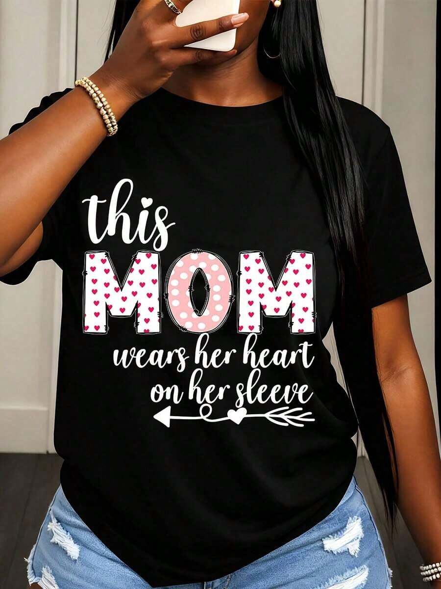 Esta mamá muestra su corazón en la manga: camiseta de mujer con estampado de lunares y corazones para uso casual en primavera y verano. - Negro - Ver 1