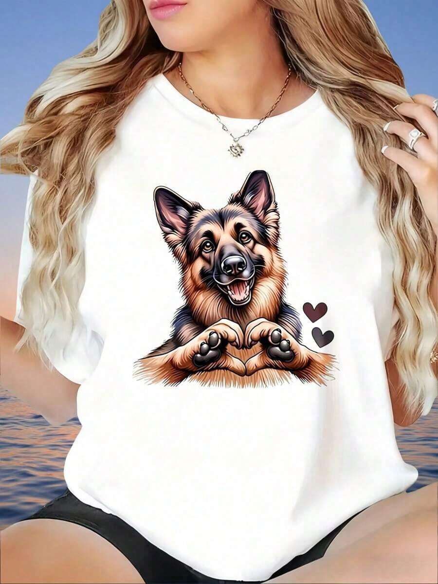 Playeras de mujer de algodón con estampado de corazón y pata de perro pastor alemán, camiseta casual blanca para mujer, regalo para amantes de mascotas, camiseta de mujer, >ropa - Blanco - Ver 1
