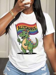 Camiseta de Mujer con Estampado de Dinosaurio y Bandera Arcoíris, Diseño Casual de Verano para Apoyar y Celebrar a los LGBTQ - Blanco - Ver 2