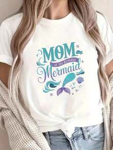 Women's MUM'S BIRTHDAY Mermaid Graphic T-Shirt - Short Sleeve Crew Neck Casual Top With Seashell & Starfish Design, Medium Stretch Machine Washable Fabric For Summer & Spring Festive Party Wear Playful Lettering Tee, Comfortable Fit Tee, Spring Fashion Breathable Material, Printed Shirt Mothers Gift2026 Cool Summer Clothes For Women - 白色 - 查看 1