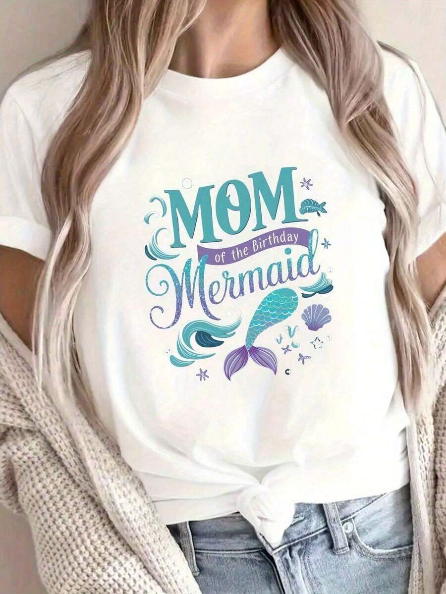 Women's MUM'S BIRTHDAY Mermaid Graphic T-Shirt - Short Sleeve Crew Neck Casual Top With Seashell & Starfish Design, Medium Stretch Machine Washable Fabric For Summer & Spring Festive Party Wear Playful Lettering Tee, Comfortable Fit Tee, Spring Fashion Breathable Material, Printed Shirt Mothers Gift2026 Cool Summer Clothes For Women - 白色 - 查看 1